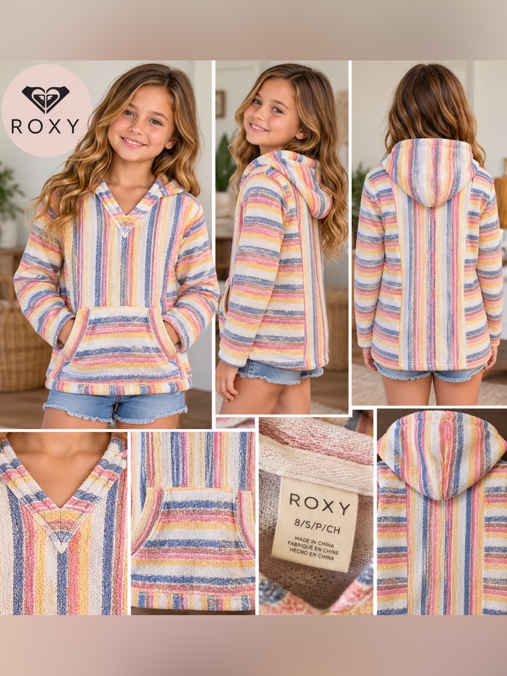 Roxy Girls Striped Baja Hoodie Pullover Size 8 Multicolor Beach Surf